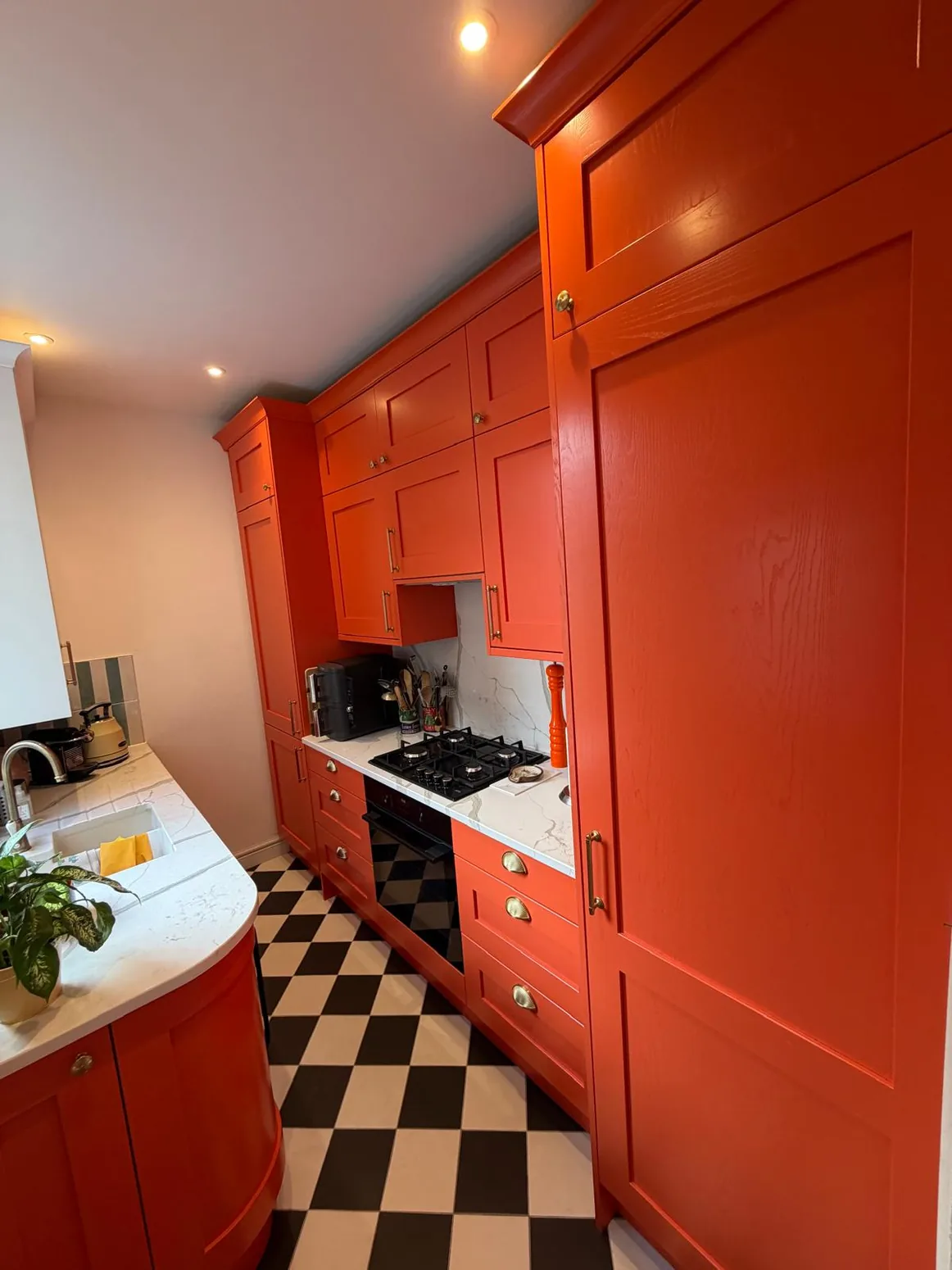 Bold terracotta fitted kitchen cabinets and cooking area